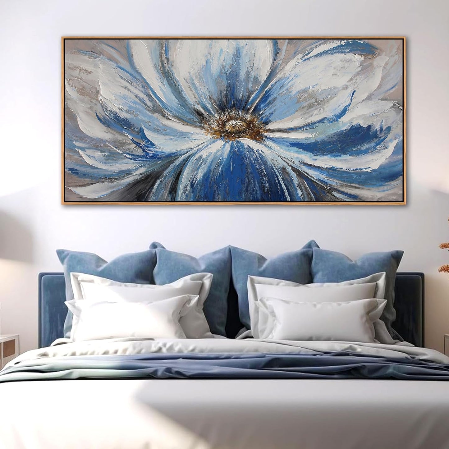 Blue Wall Art for Living Room Large White Flower Picture Wall Decor Canvas Art Wall Artwork Pictures for Bedroom Wall Decor Size 24x48(With Soild Wood Dark Framed)