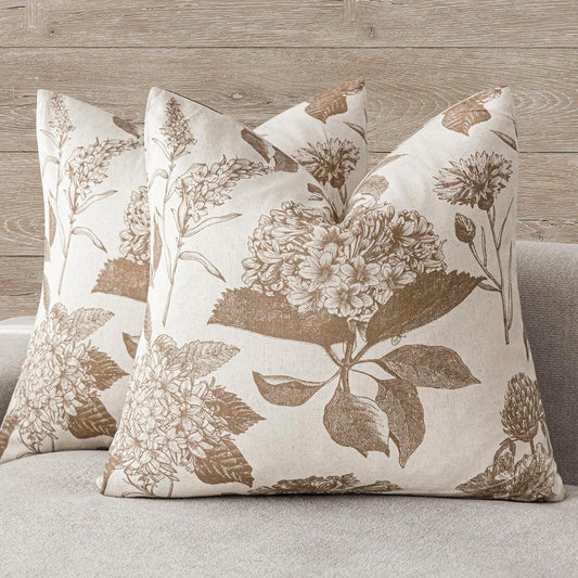 Foindtower Set of 2 Linen Floral Vintage Throw Pillow Covers Neutral Accent Decorative Cushion Covers Farmhouse Boho Home Decor for Sofa Chair Couch Bedroom Living Room Outdoor,18×18 Inch,Light Brown