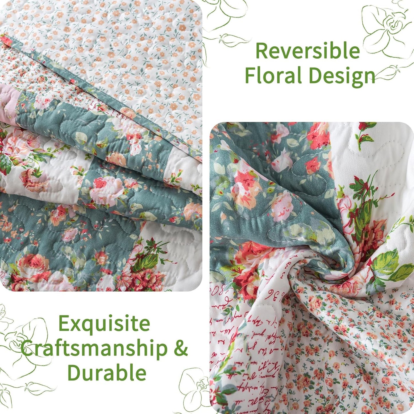 VAPUTAR Queen Size Quilt Set - Reversible Floral Queen Size Bedspreads with Wavy Edges - Lightweight Farmhouse Queen Quilt Bedding Sets for Bed Decorations, 3 Pieces