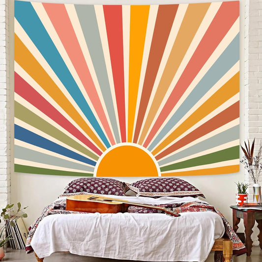 Kanuyee Boho Burning Sun Tapestry Wall Hanging, Retro 70s Abstract Vintage Geometric Rainbow Sunrise Tapestries for Bedroom Living Room Backdrop 60×80 inch