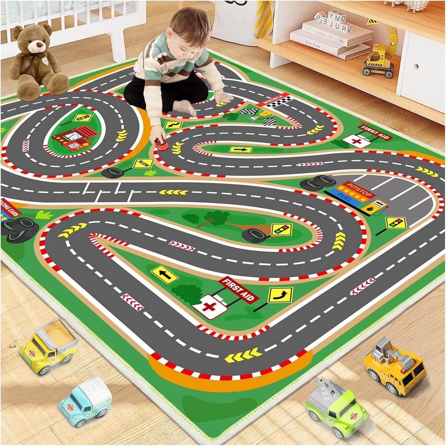 Kids Rug Play Mat Playroom Rugs Car Rugs for Kids Toy Cars Race Track for Classroom Rug(Race-Green, 6.6x9.9ft)