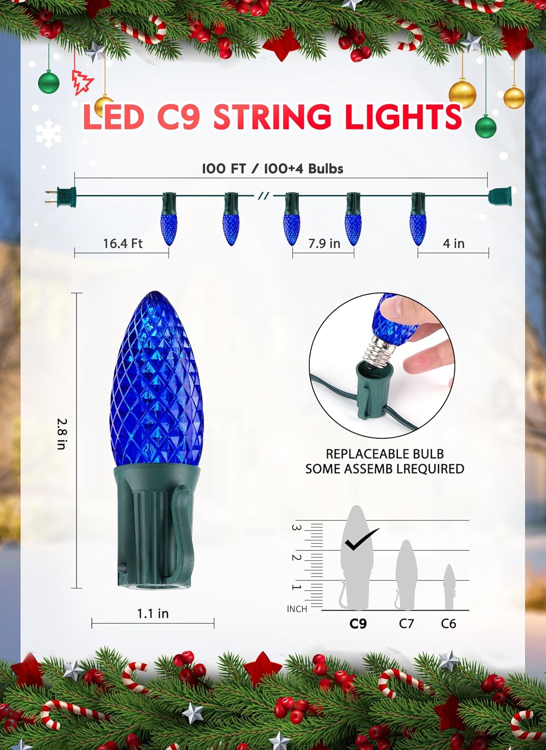 Minetom C9 Christmas String Lights, 100 Ft Blue C9 Outdoor Christmas Lights with 100 Strawberry C9 Led Bulbs, Connectable UL Certified for Outdoor Indoor Roofline Holiday Backyard Xmas Decor