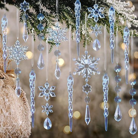 32pcs Crystal Christmas Ornaments for Christmas Tree Decorations-Blue Hanging Acrylic Snowflake and Icicle Ornaments with Drop Pendants for Xmas Winter Wonderland New Year Party Decorations Supplies