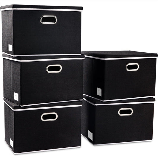 PRANDOM Large Foldable Storage Boxes with Lids [5-Pack] Organizer Containers Baskets Cube with Cover for Home Bedroom Closet Office Black17.7x11.8x11.8 For 6+ Year Old Boys and Girls