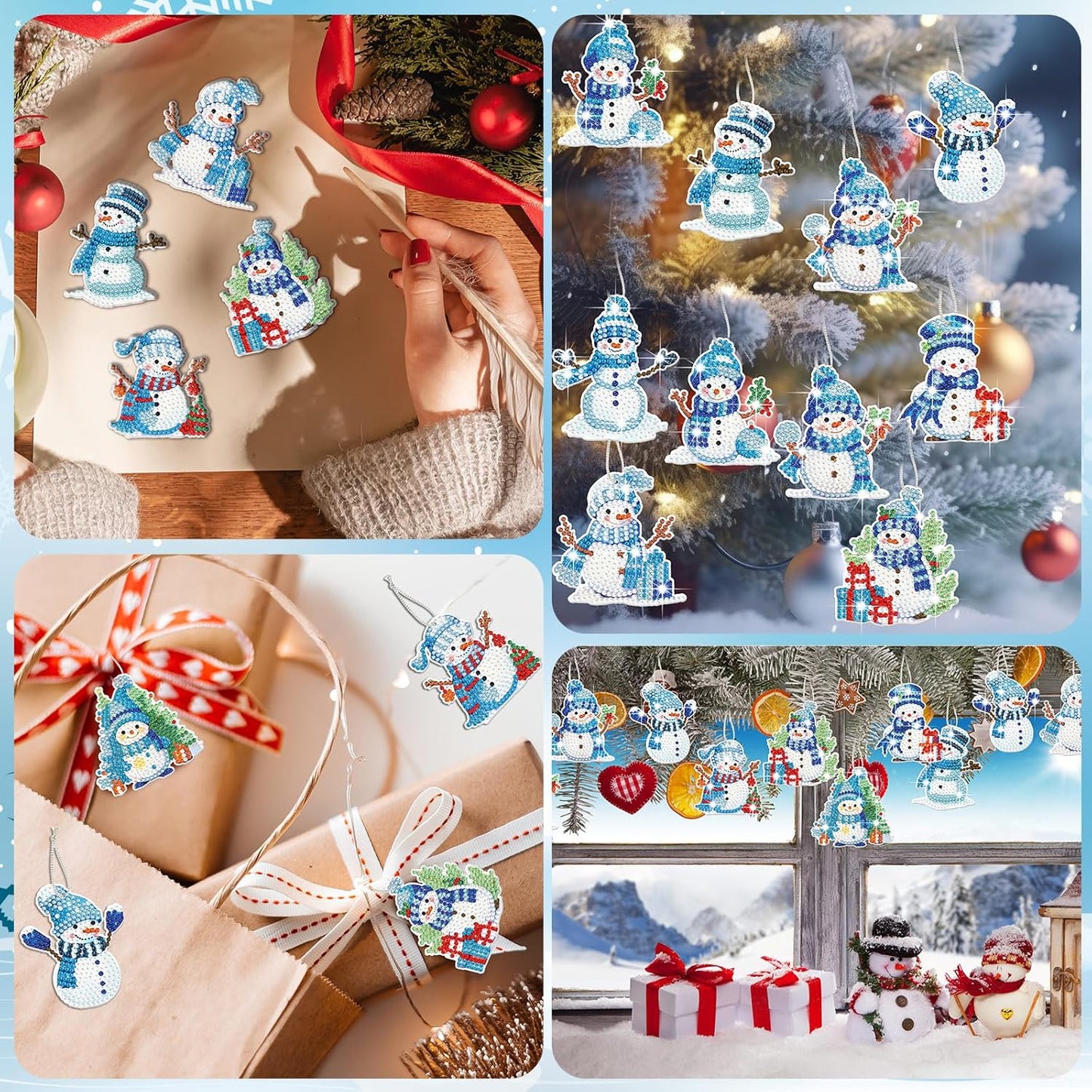 Skylety 20 Pcs Christmas Diamond Art Ornaments Kit Cute Snowman Diamond Painting Ornaments Tag DIY Xmas Rhinestone Art Keychain Crystal Handcraft Gift Wrap Tags with Rope Home Party Decor(Blue)