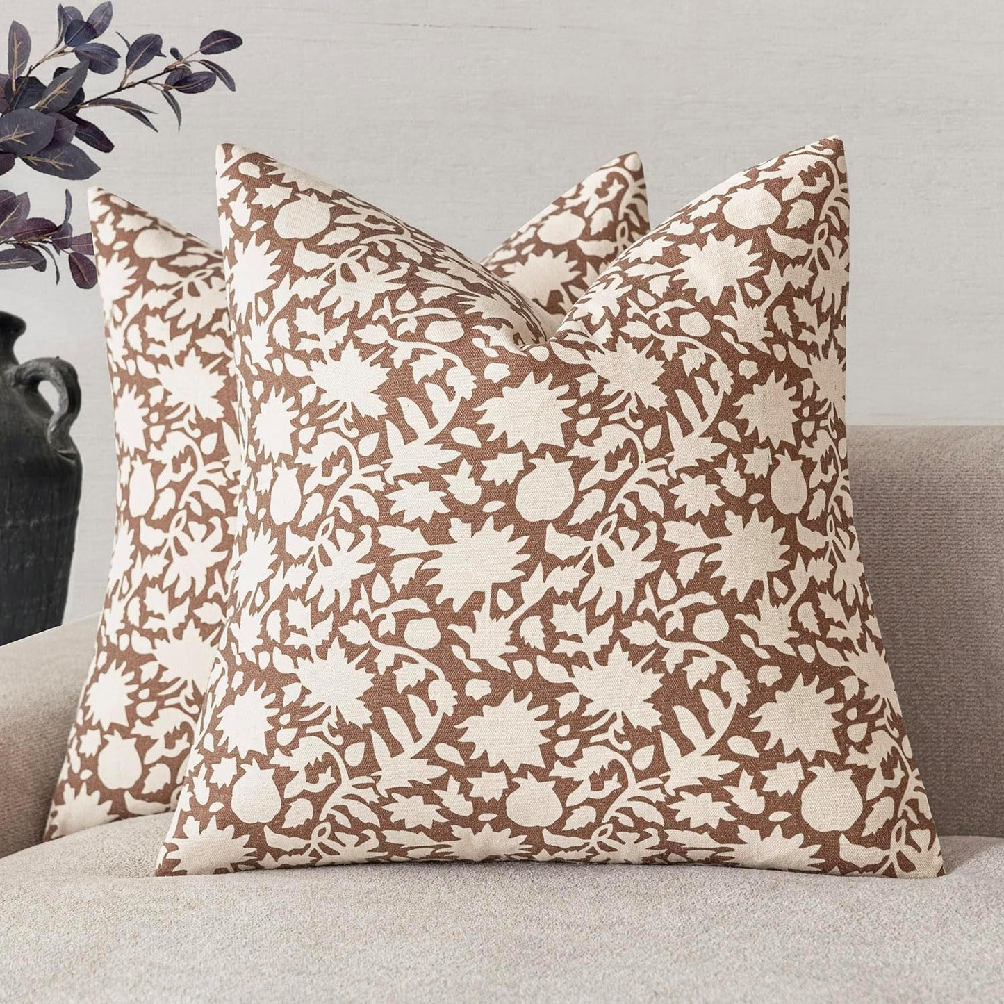 Foindtower Set of 2 Decorative Neutral Floral Throw Pillow Covers Accent Farmhouse Cushion Covers Boho Pillowcase for Couch Sofa Bedroom Living Room Home Decor Outdoor,18×18 Inch,Light Orange Brown