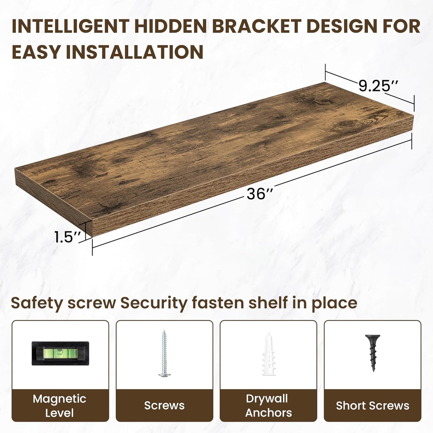 36 Inch Floating Shelves, 12 Inch Deep Floating Shelves for Wall, Floating Shelf with Invisible Brackets, Deep Shelves for Bathroom, Bedroom, Living Room, 2 Pack, Brown