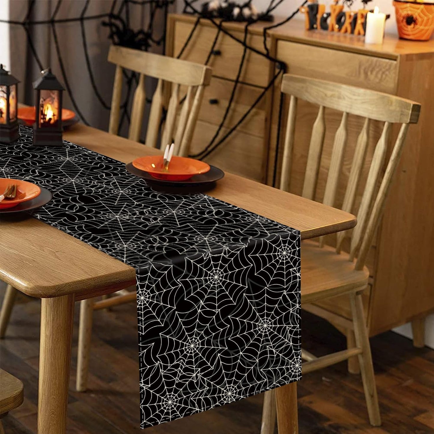 Halloween Table Runner Spider Web Black Linen Table Runners for Seasonal Holidays Indoor Outdoor Kitchen Dining Party Home Decor 13 x 72 Inch