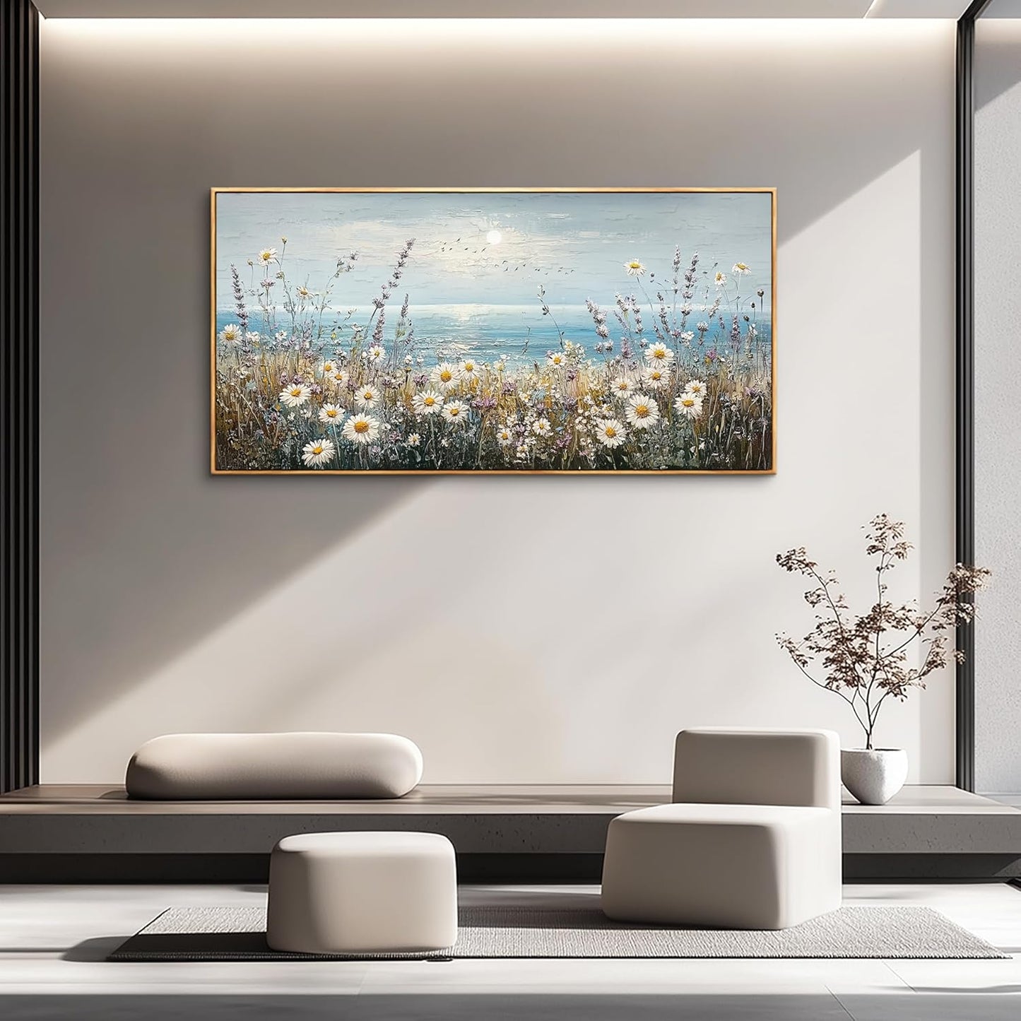 PHAOHUAXM Large Canvas Wall Decoration For Living Room Wall Art For Bedroom Office Decorations Blue Ocean Paintings Flowers Watercolour Wall Pictures Canvas Artworks Home Decor Wood Framed 24x48 In