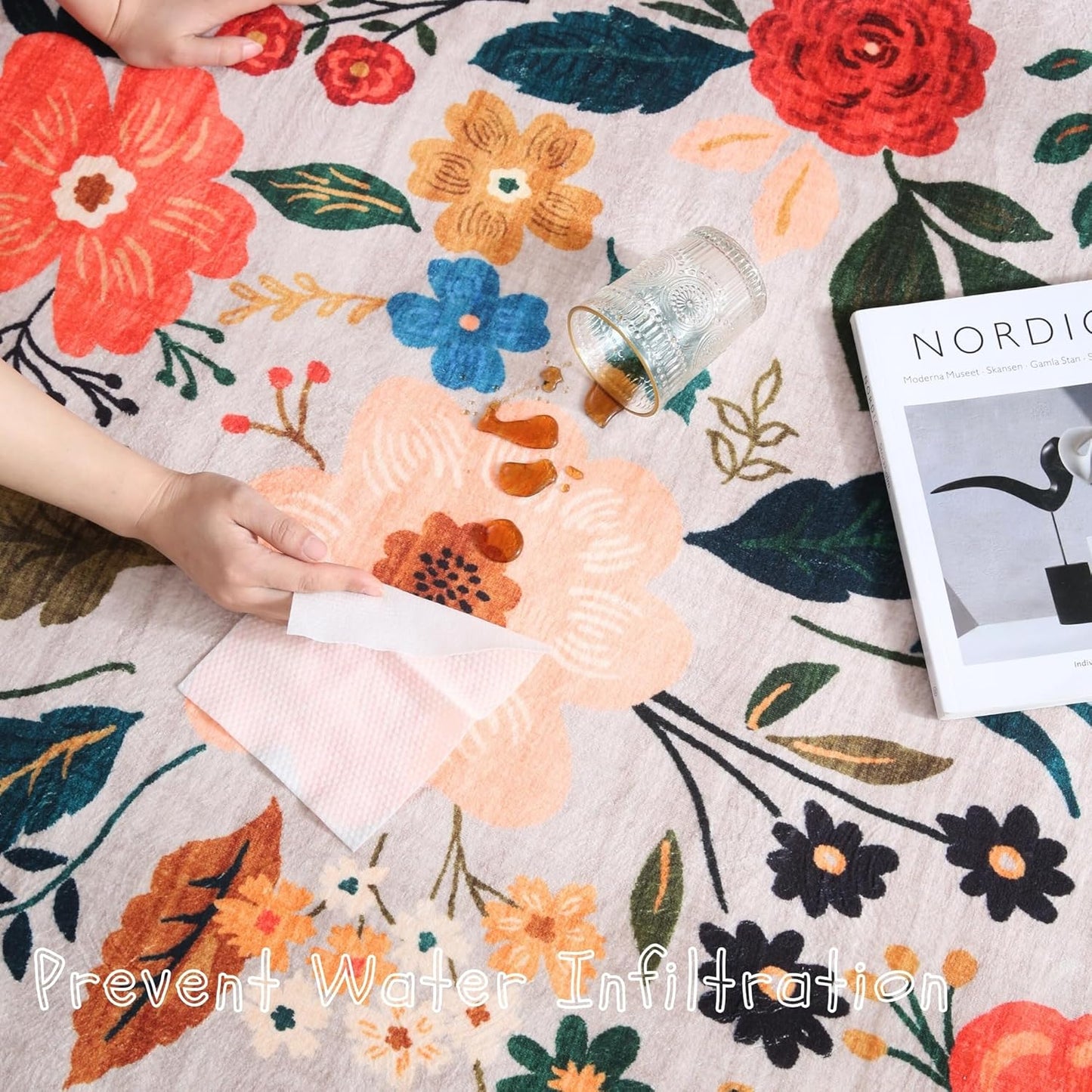 Round Rug 6ft Washable Circle Rug Non Slip Low Pile Boho Floral Small Circular Rug for Bedroom, Bathroom, Entryway, Kids Room, Office, College Dorm(Beige)