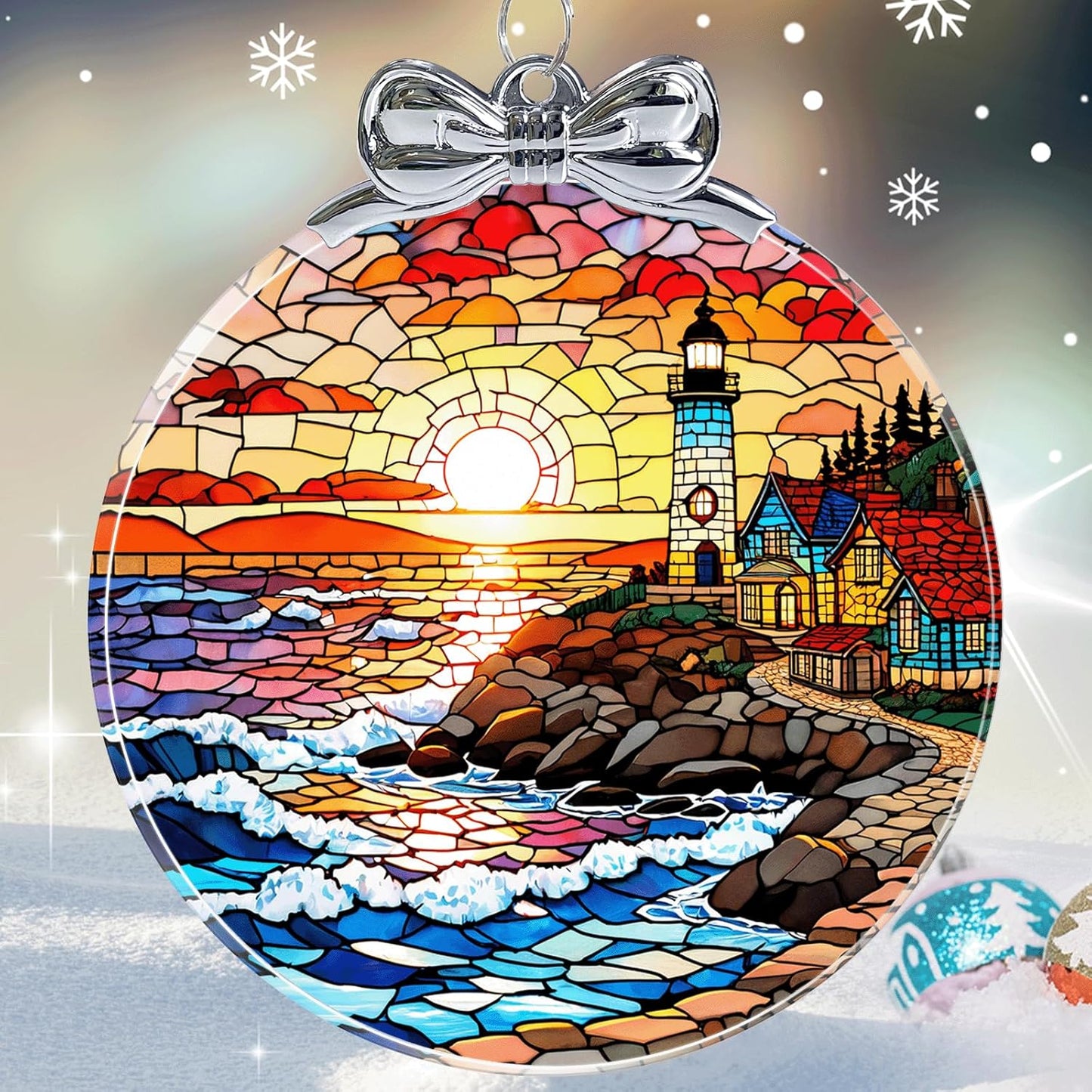 Lighthouse Stained Glass Christmas Ornament - Hanging Ornaments for Christmas Tree Decorations -Holiday Keepsake Present Exchange Idea