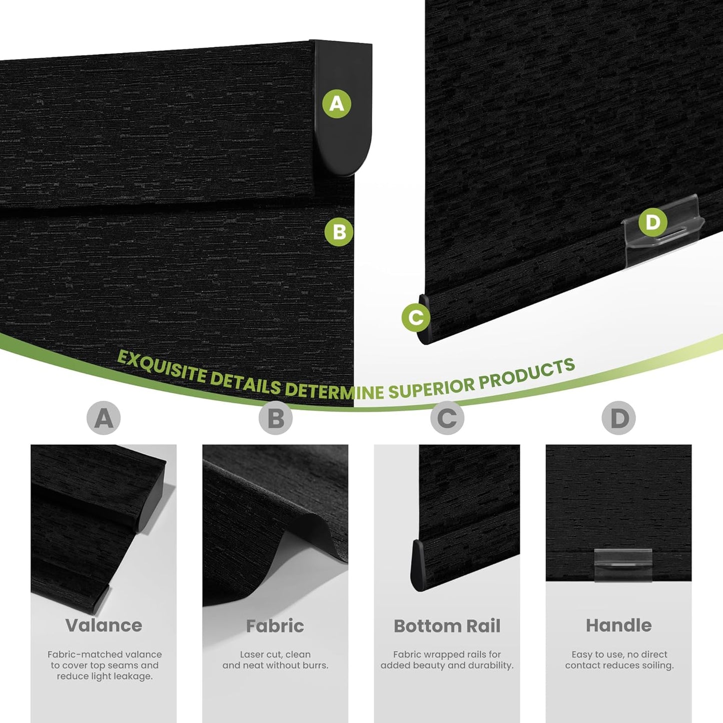 Blackout Roller Shades for Indoor Windows, Cordless Jacquard Fabric-Matched Roller Blinds, Easy to Install Privacy UV Protection Roll Up Blinds for Home Office, Black, Custom Size