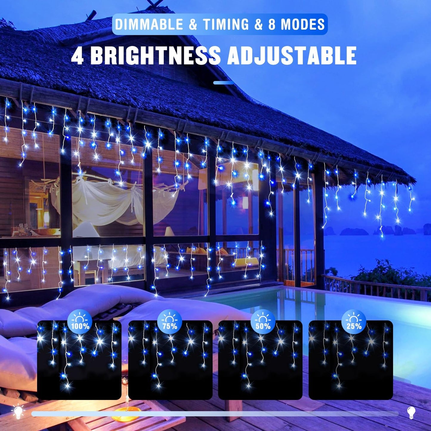 JMEXSUSS Blue&White Icicle Lights - 38.8FT 400 LED Icicle String Lights with Remote for Indoor/Outdoor, House, Bedroom, Fireplace, Birthday, Christmas Decorations