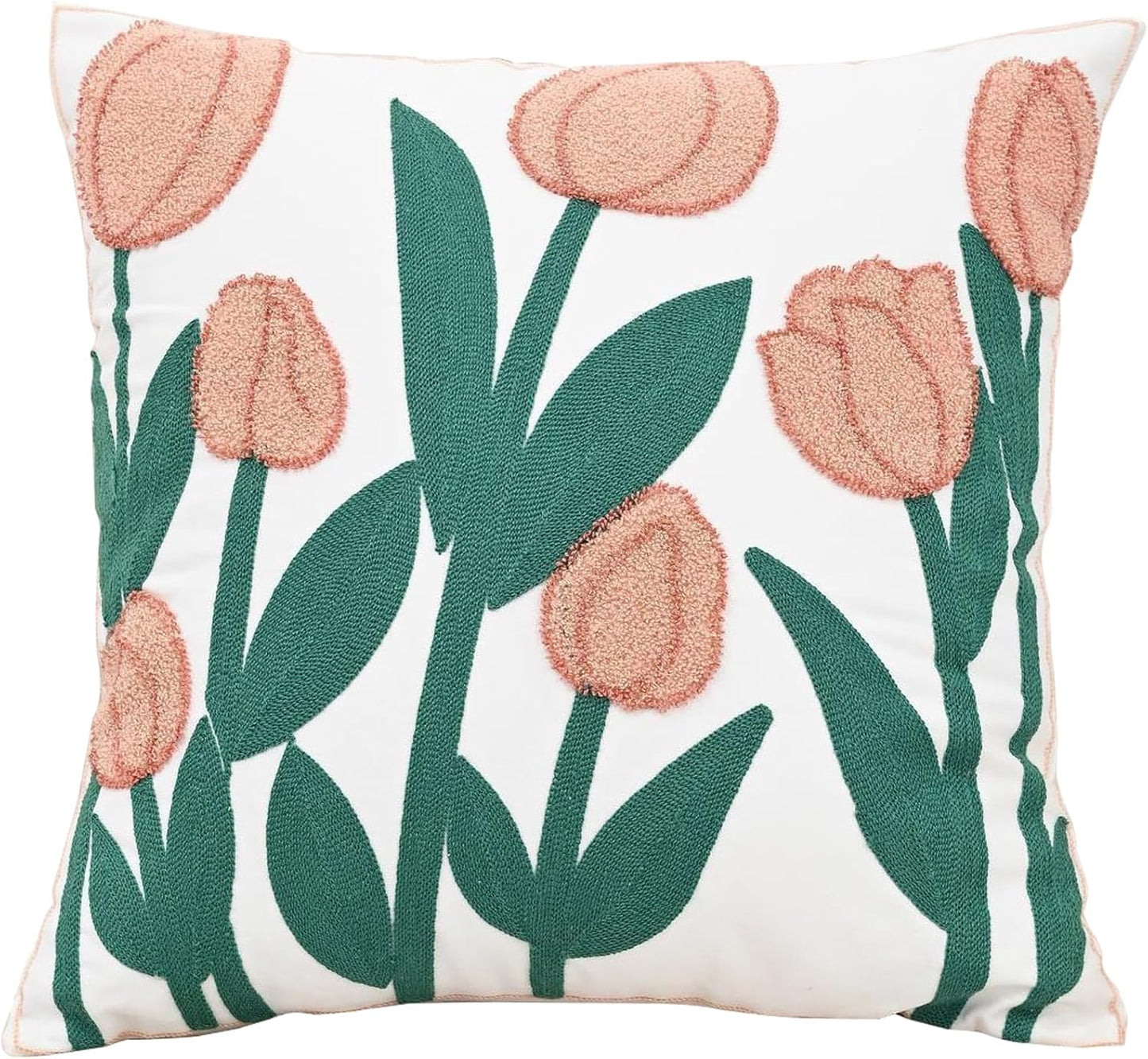 Embroidered Floral Pillow Case Spring Romantic Flower Throw Pillow Cover Soft Decorative Cushion Covers for Bed Sofa Living Room Pink Tulip
