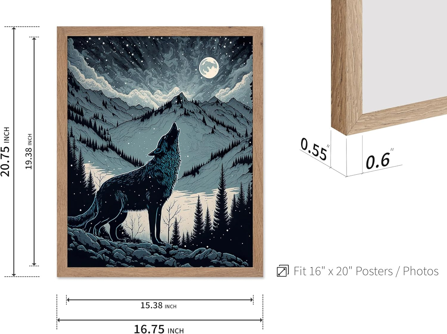 Poster Master Vintage Illustration Poster - Retro Animal Print - Gift for Artist, Friend - Wolf Howling at the Moon, Mountain, Snow, Landscape - Wall Decor for Home, Office, 16x20 Beige Framed
