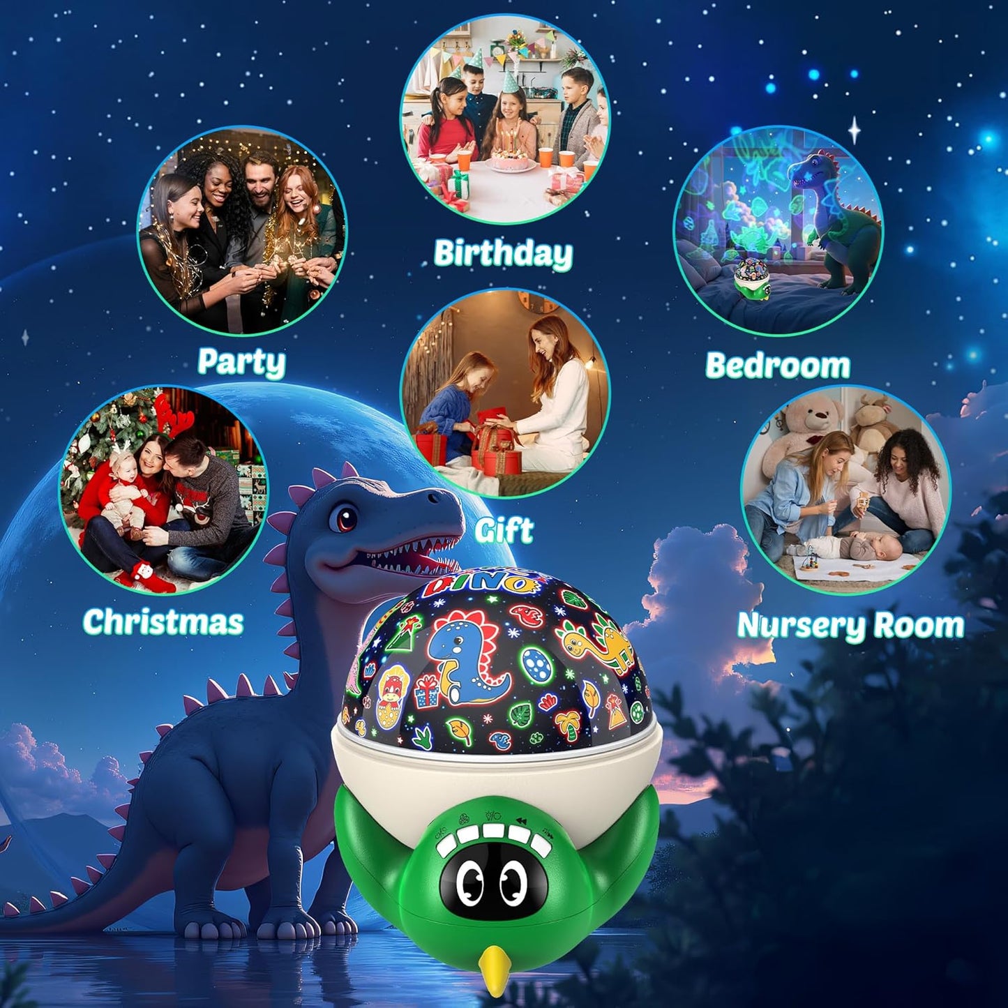 Dinosaur Night Light Projector for Kids Green Dino Toys for Boys, Star Night Lights with Music and Timer, 17 Mode Color Changing Lamp with Remote, Christmas Birthday Gift for Baby Girl Boy
