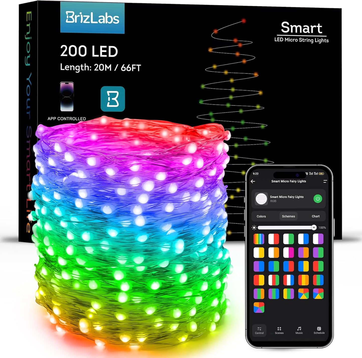 BrizLabs Smart Fairy String Lights, 66ft 200 LED WiFi RGB Christmas Fairy Lights App Control, Dimmable Rainbow Christmas Lighting, Music Sync Xmas Decorative Lighting Work with Alexa & Google Home
