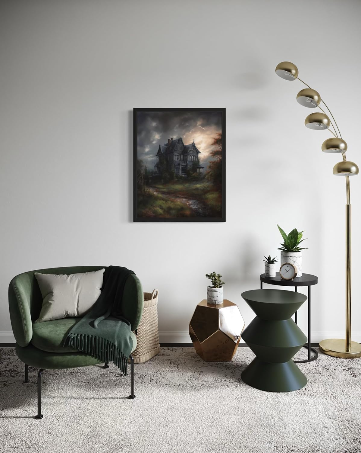 Haunted House Poster Art Print, Halloween Scary Vintage Wall Art Academia Spooky Painting Decoration for Horror Prints, Gothic Posters Bedroom Decor 89 (Haunted House, 16 x 20 inches, Black Frame)