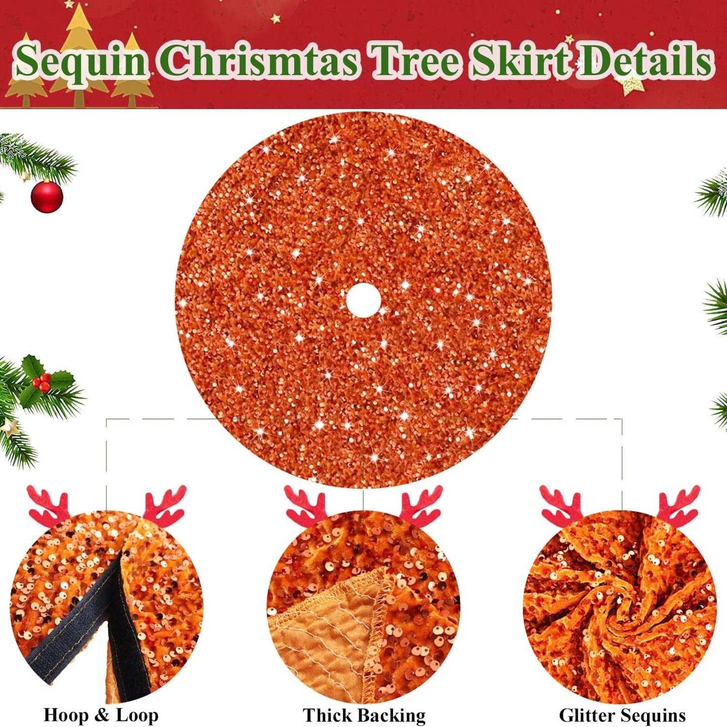 MODFUNS Orange Christmas Tree Skirt 60 Inch Sequin Xmas Tree Skirts Velvet Tree Mat Sparkly Fall Tree Skirt Burnt Orange Round Thanksgiving Tree Base Cover for Artificial Trees Christmas Day Ornaments