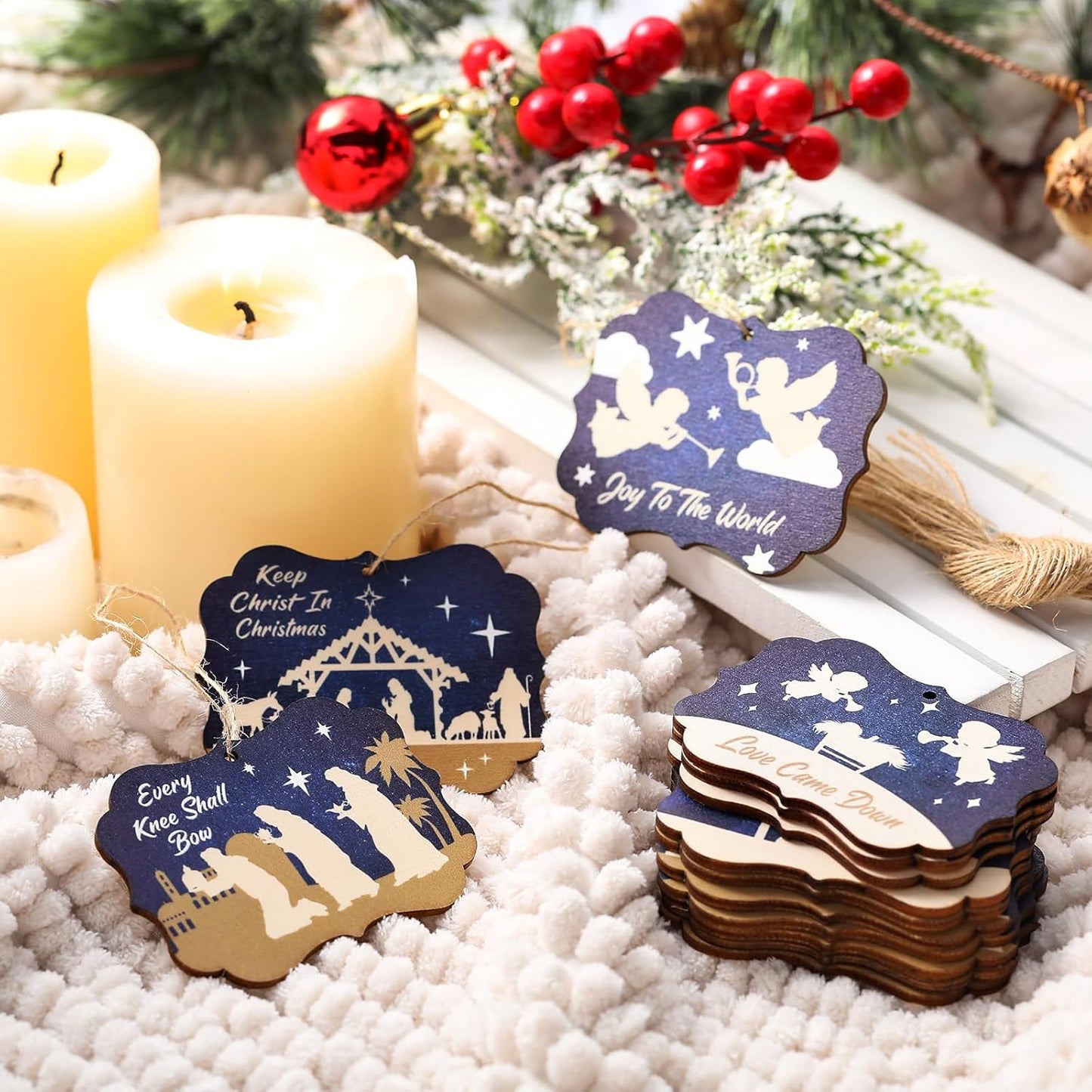 Soaoo 60 Pcs Nativity Scene Christmas Tree Ornament Christian Religious Ornaments Bulk Round Nativity Xmas Tree Hanging Wooden Decorations for Garden Yard Outdoor Home (Square Style)