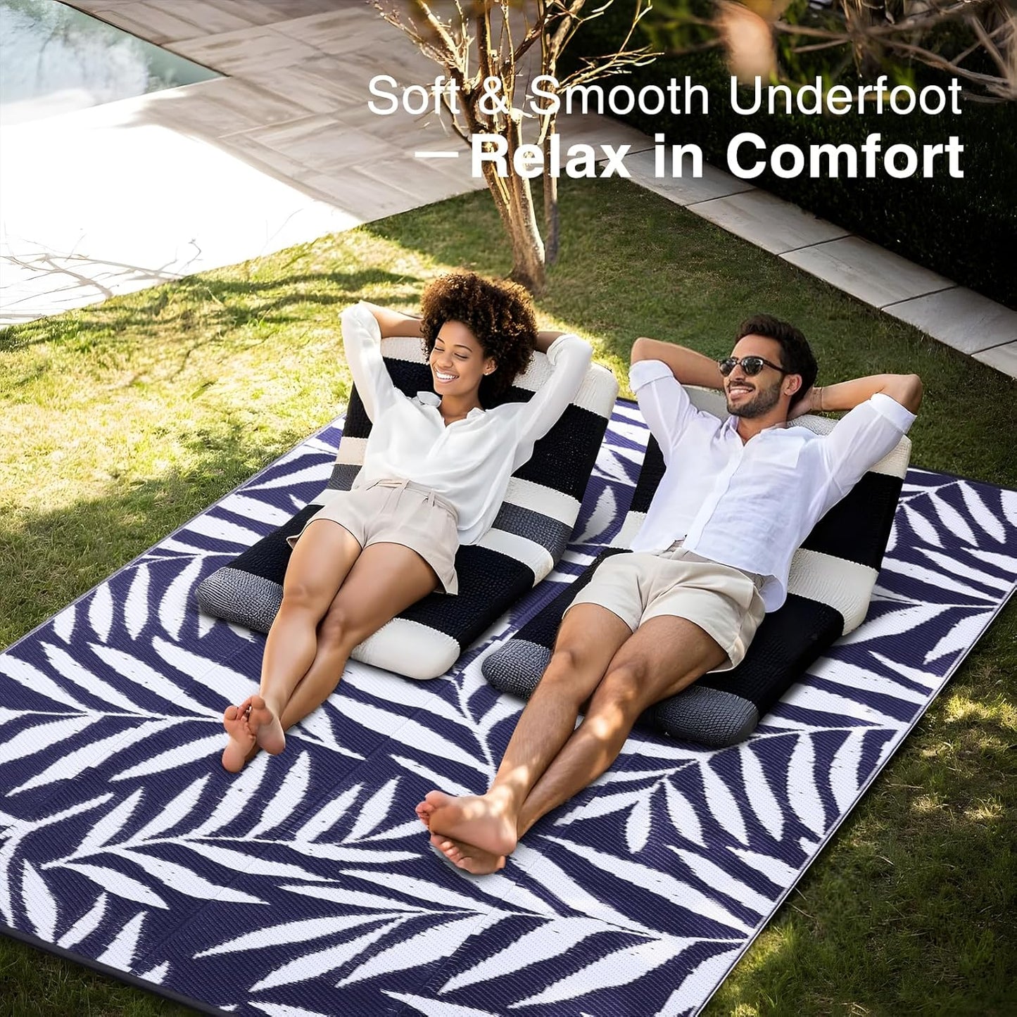 OLANLY Waterproof Outdoor Rug 8x10 ft, Reversible Outdoor Plastic Straw Rug with Leaf Pattern, RV Mat, Indoor Outdoor Carpet for Patio, Camping, Balcony, Deck, Backyard, Navy & White