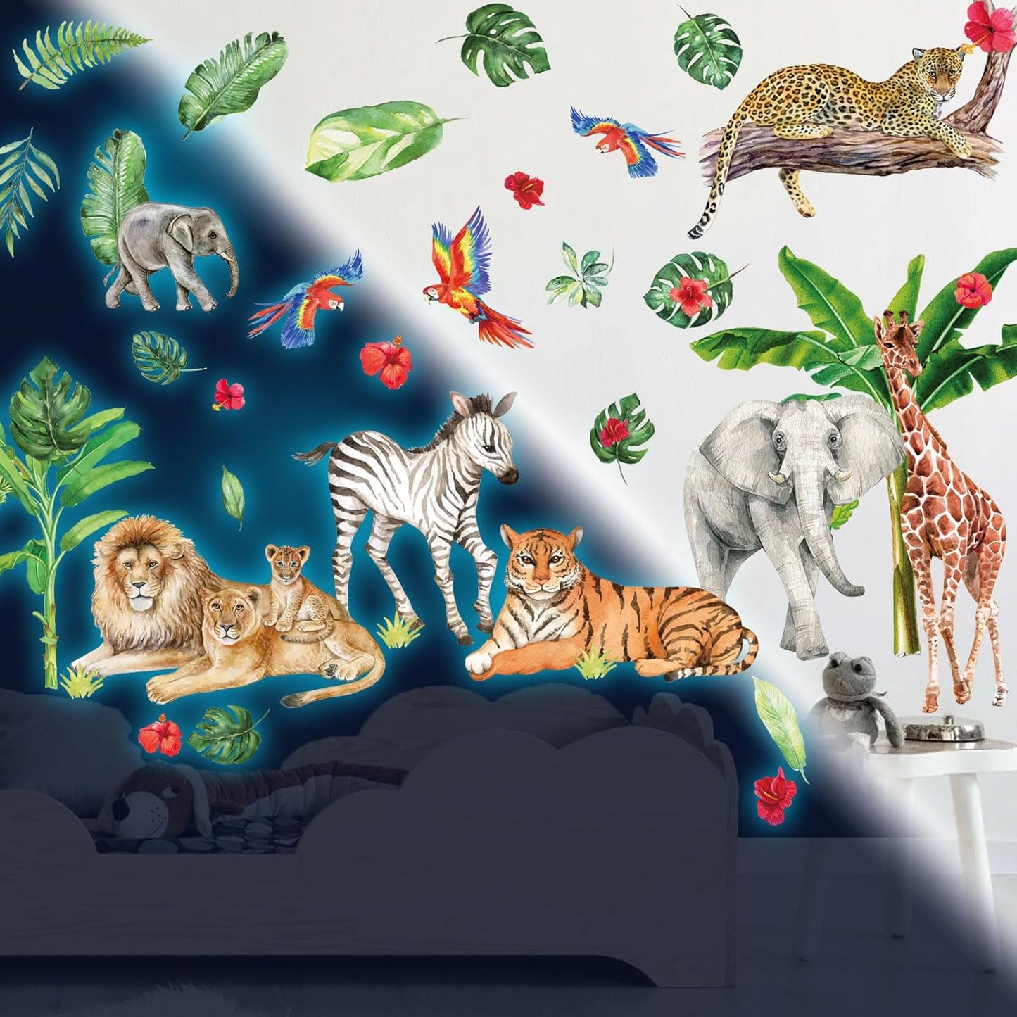 Glow in The Dark Jungle Animals Wall Decals,Glowing Luminous Safari Animals Wall Stickers Removable self-Adhesive Forest Tiger Elephant Palm Trees Decals for Boys Girls Bedroom Kids Nursery Decoration