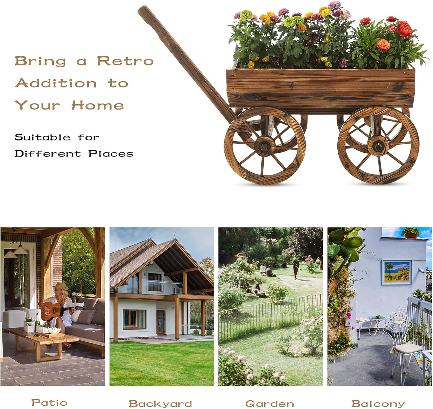 Garden Wooden Decor Rustic Flower Pot,Planters Wagon Indoor Outdoor Backyard Balcony Decor,for Outside Garden Decor Wheelbarrow Planter for Patio (Wooden Wagon)