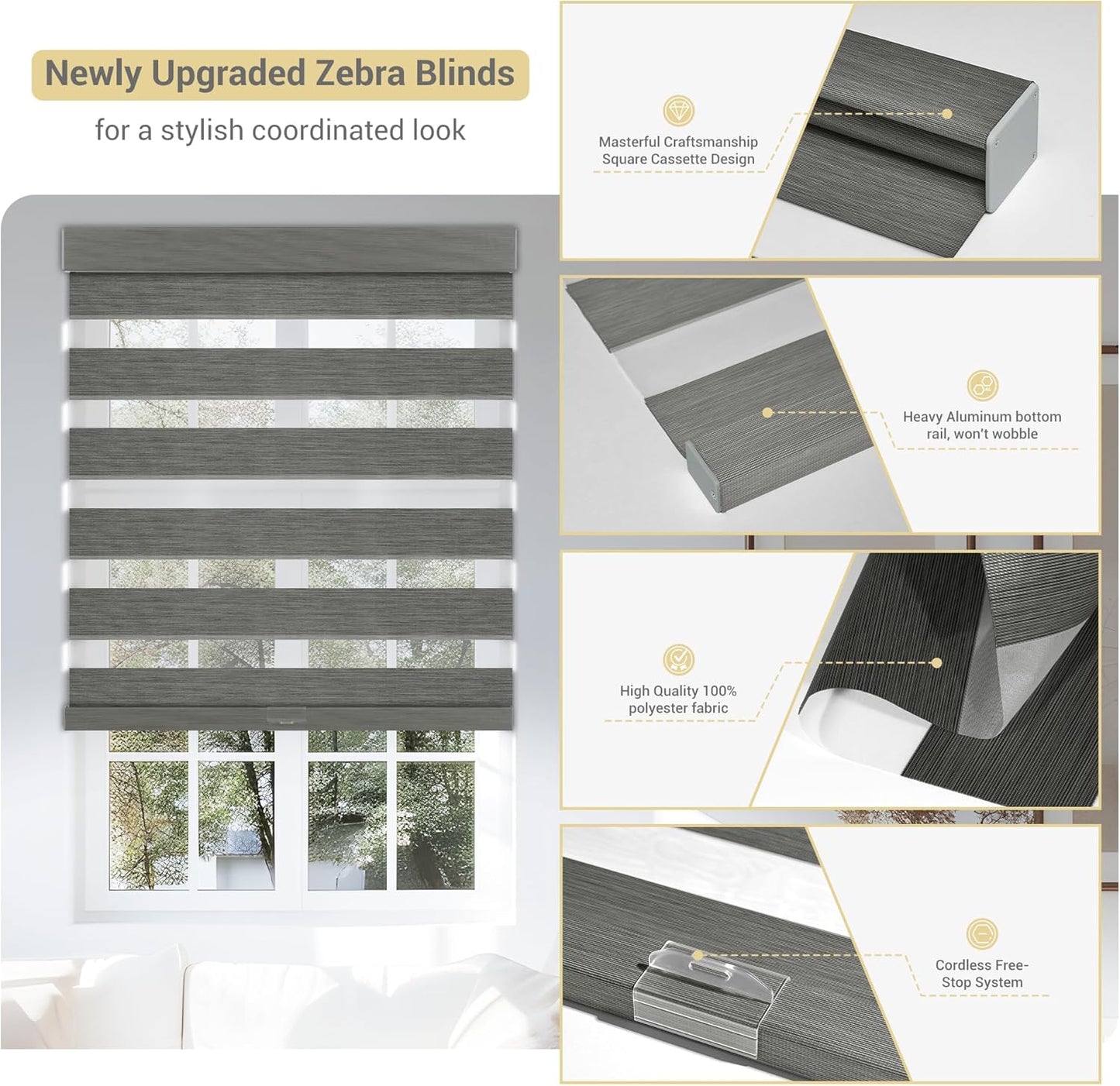 Cordless Zebra Blinds for Windows, Blackout Interior Blinds,Easy to Install,UV Protection,for Offices and Home,Custom Roller Shades, Mousse Grey,62" W x 72" H