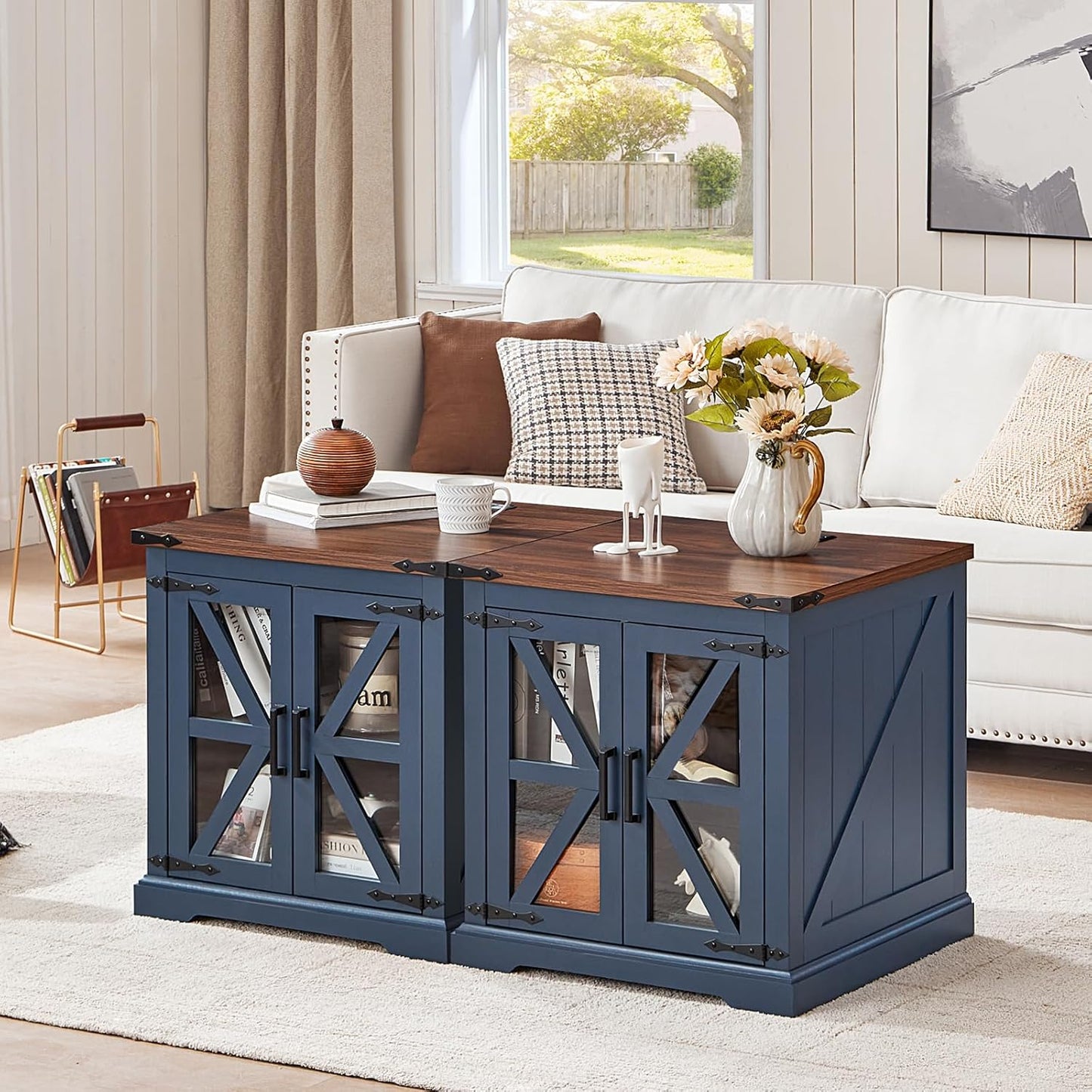 Farmhouse End Table Set of 2 with Charging Station, 24" Large Sofa Side Table with Glass Barn Door, Night Stand with Adjustable Shelf, Wood Nightstand, Square Bed Side Table for Living Room,Bedroom