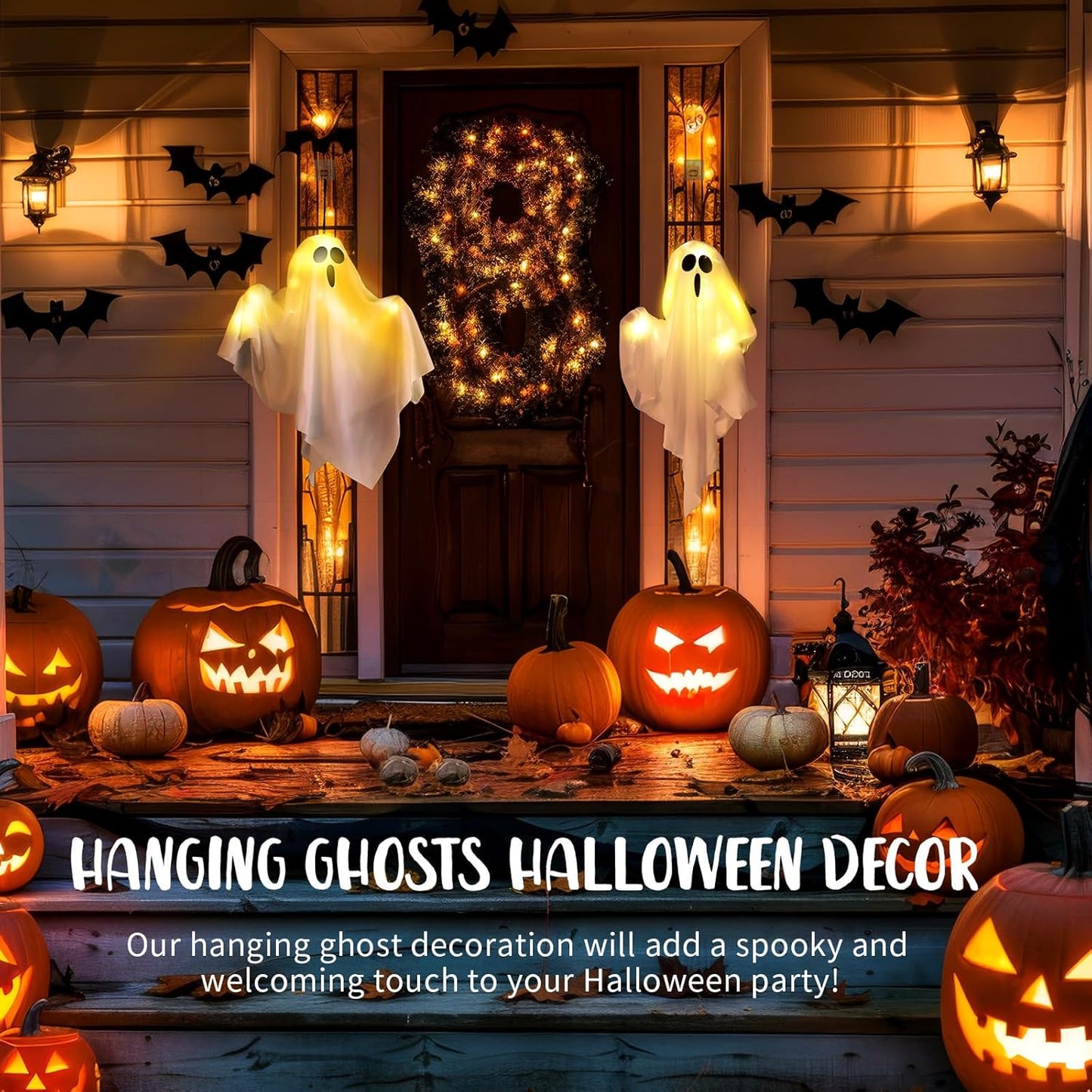 2Packs Hanging Ghosts Halloween Decor, LED Light Up Halloween Ghost Decorations, Spooky Cute Ghost Ornaments for Home Tree Garden Front Porch Yard Fall Party Holiday Decoration Outdoor 19.6", White