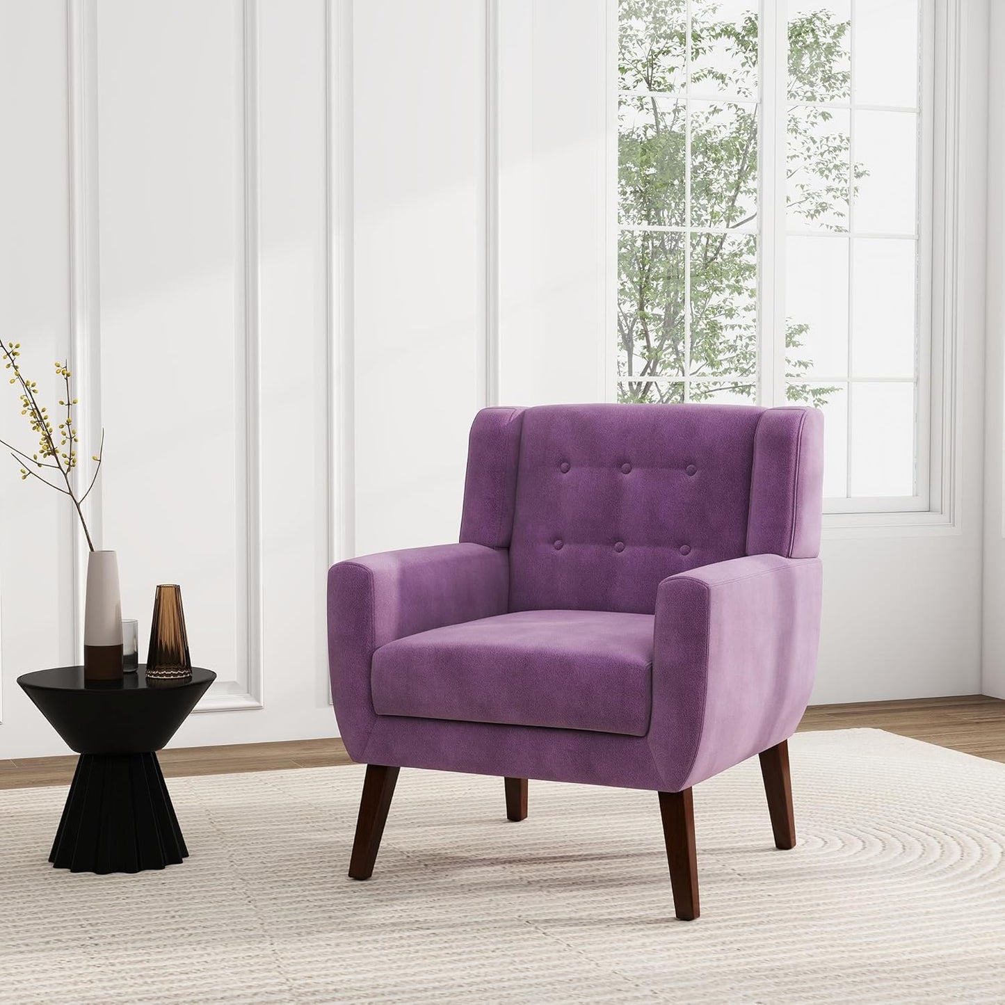 UIXE Accent Chair Modern Upholstered Armchair, Mid Century Club Arm Chairs Comfy Single Sofa Living Room Button Tufted Reading Seat Bedroom Side Seating, Velvet-Purple