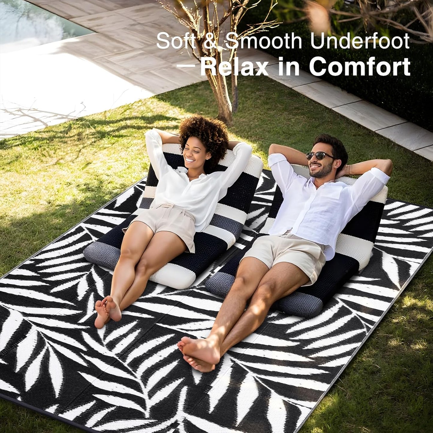 OLANLY Waterproof Outdoor Rug 9x12 ft, Reversible Outdoor Plastic Straw Rug with Leaf Pattern, RV Mat, Indoor Outdoor Carpet for Patio, Camping, Balcony, Deck, Backyard, Black & White