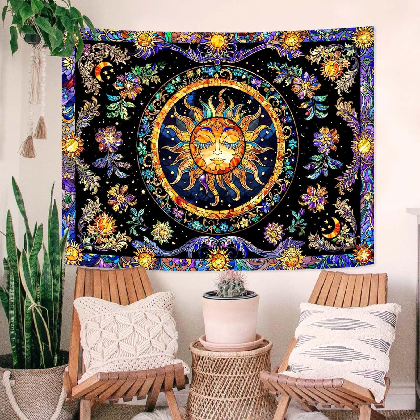 Lunerfex Sun Tapestry Stained Glass Tapestry Wall Decor Tapestries for Bedroom Boho Tapestries Wall Hanging for Bedroom Living Room Glass-Sun-01 70"x90"