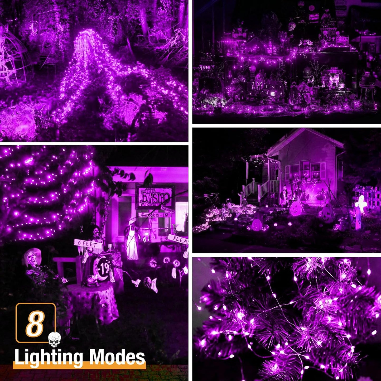 4 Pack Solar String Lights Outdoor - 320LED 132FT Halloween Solar Fairy Lights Outside Waterproof, 8 Modes Purple Solar Powered Twinkle Lighting Decorations for Tree Garden Yard Spooky Patio Party