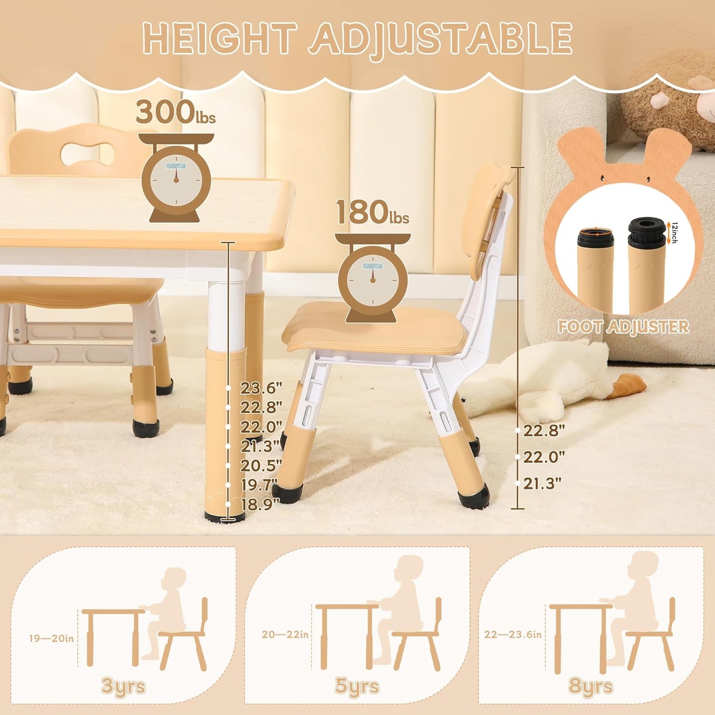 Height-Adjustable Kids Table and Chairs, 31.5''L x 23.6''W Toddler Table and 4 Chairs Set with Anti-Slip Foot Covers, Children Activity Table for Ages 2-10, Graffiti Desktop