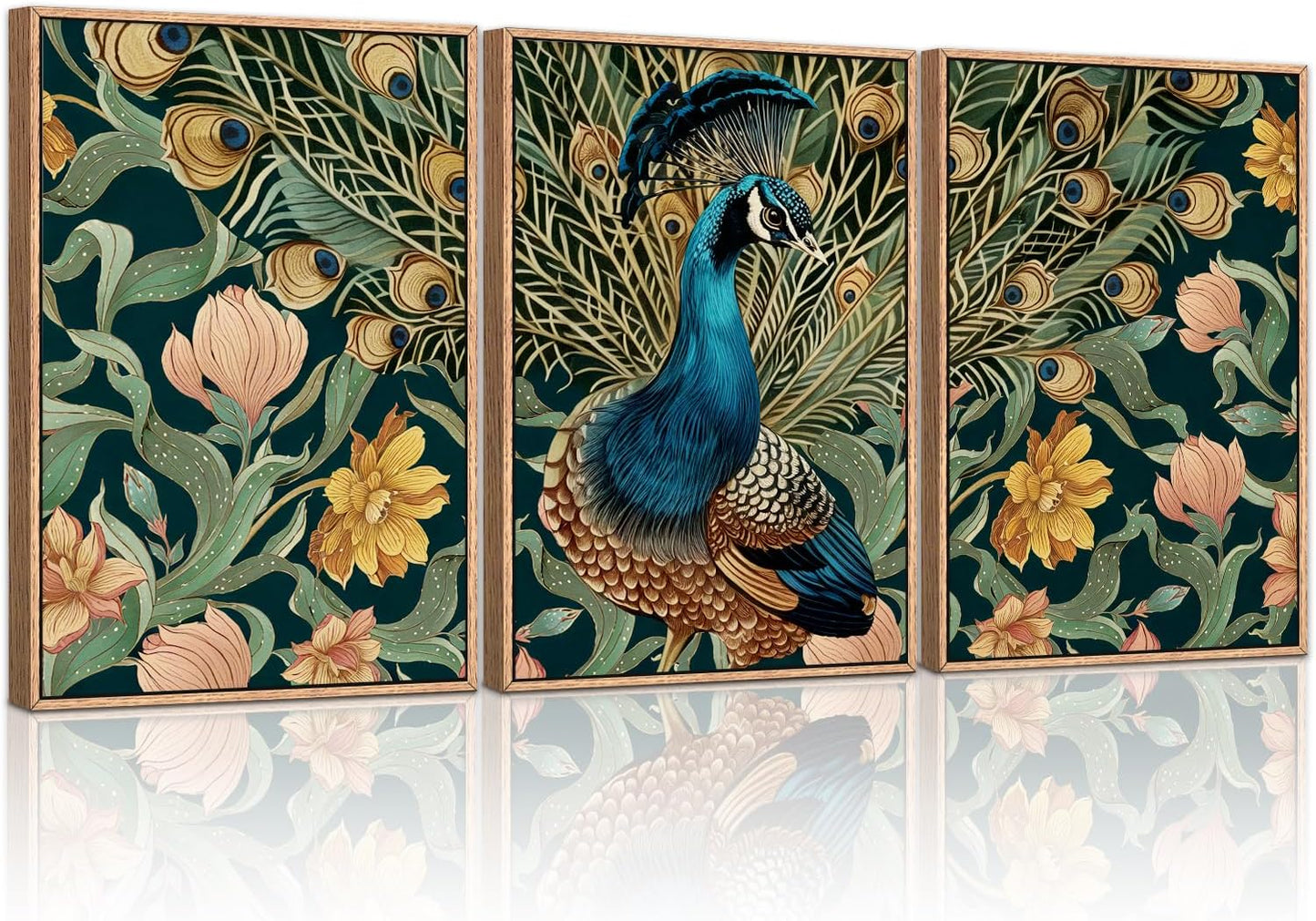 HLNIUC Peacock Framed Canvas Wall Art,Large Peacock Flower Wall Decor Set of 3(16”x24”)Modern Elegance Peacocks Floral Framed Painting,Vintage Beautiful Animal Feather Art Print for Living Room,Office