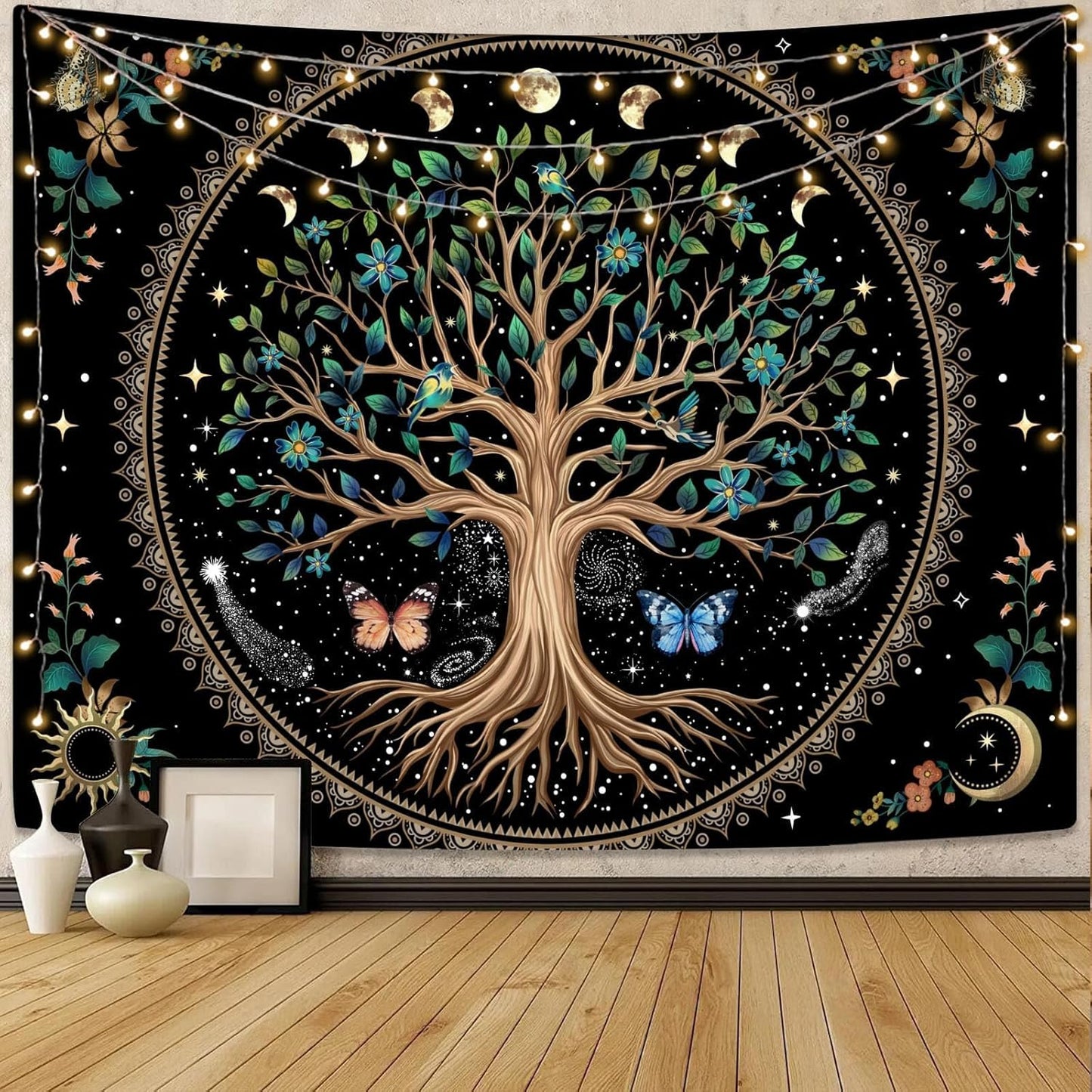 Lunerfex Tree of Life Tapastry Sun and Moon Tapastry Flower Boho Tree Mandala Wall Hanging for Bedroom and Living Room Decor Green Tree 60×80 Inches