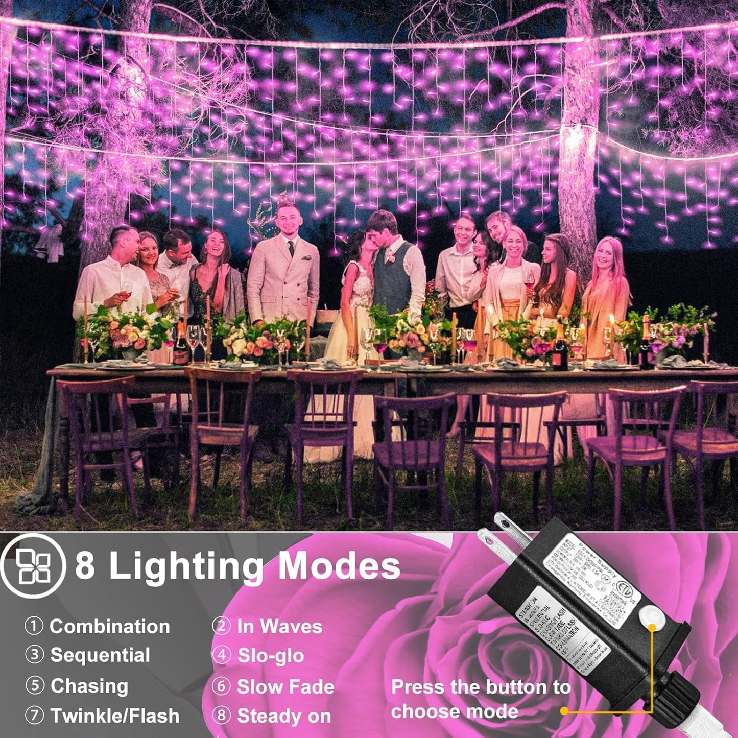 66ft Pink LED Icicle String Lights Indoor for Bedroom, 640 LED Patio Lights for Outside Clear Wire Connectable Twinkle Light with 8 Modes Timer Waterproof for Party Wedding Decoration