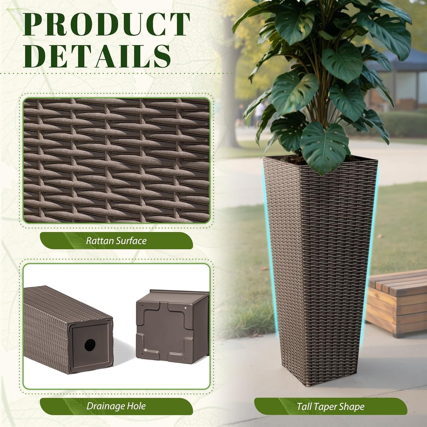 JUMMICO Set of 2 Resin Rattan Tall Planters for Outdoor Plants, Large Tapered Planters with Drainage Holes&Inner Trays, Flower Pots for Garden, Patio, Porch, Backyard (Brown, 32'')