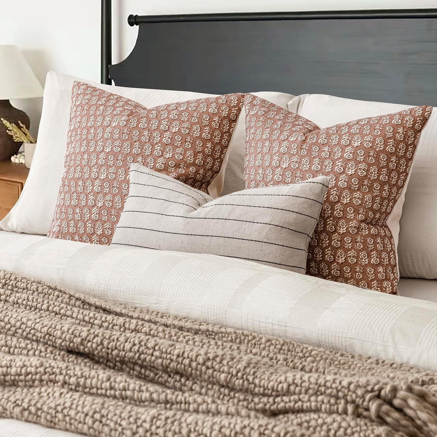 Foindtower Set of 2 Decorative Vintage Floral Print Throw Pillow Covers Neutral Farmhouse Cushion Covers Boho Home Decor for Sofa Couch Chair Bedroom Living Room Outdoor,20×20 Inch,Light Orange Brown