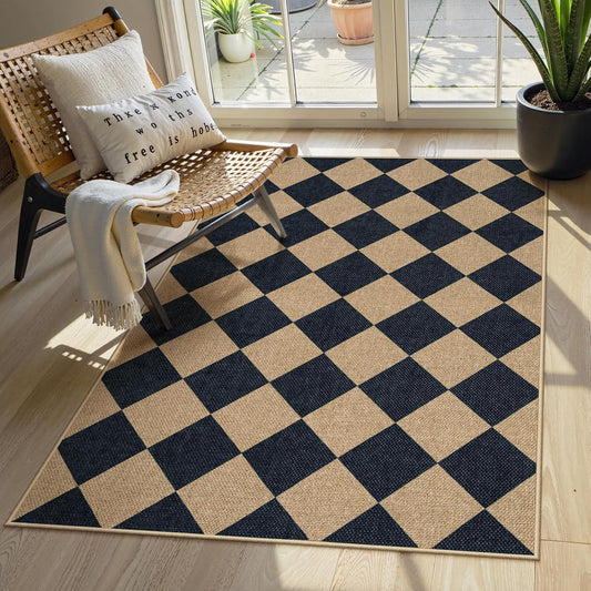 Lahome Checkered Easy Jute 3x5 Outdoor Patio Rug, Washable Rugs for Entryway Diamond Indoor Outdoor Living Room Carpet, Farmhouse Neutral Non Slip Black Door Carpet for Backyard Bedroom