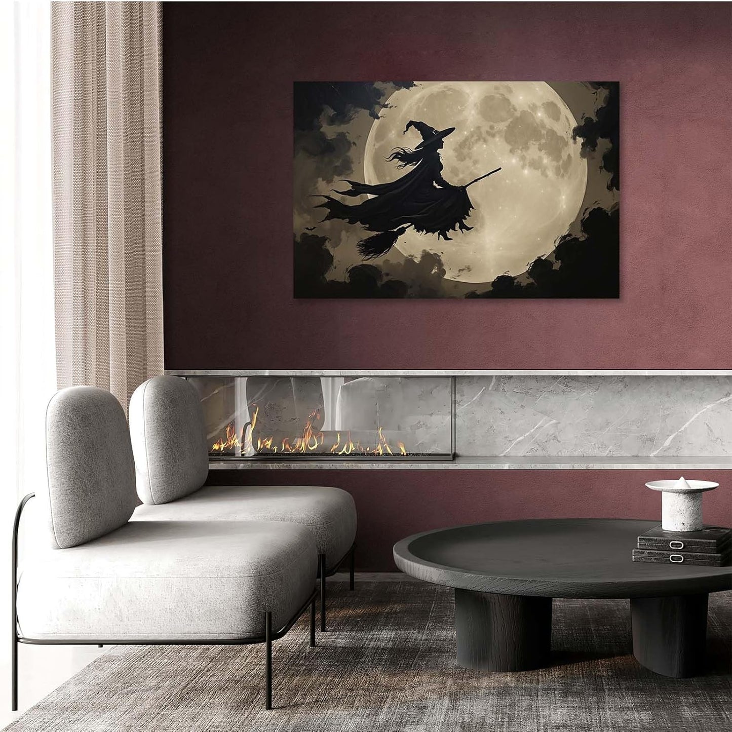 JFHCQJPK Full moon witch silhouette poster witch on magic broom Halloween mural poster decorative mural art suitable for home living room bedroom32x48in Frameless