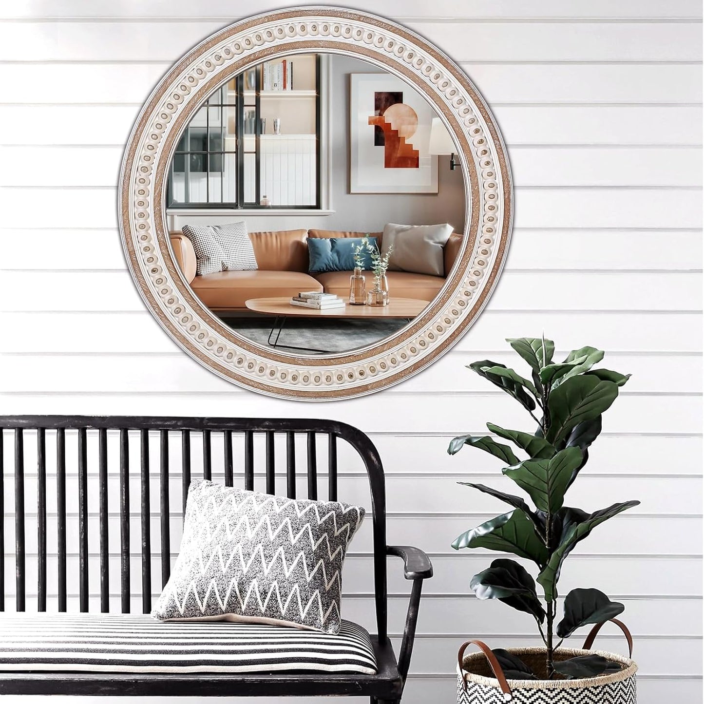 32'' Boho Wooden Large Round Wall Mirrors, Rustic Farmhouse Circle Mirrors Decorative for Bathroom, Bedroom Over Sink, Living Room, Entryway