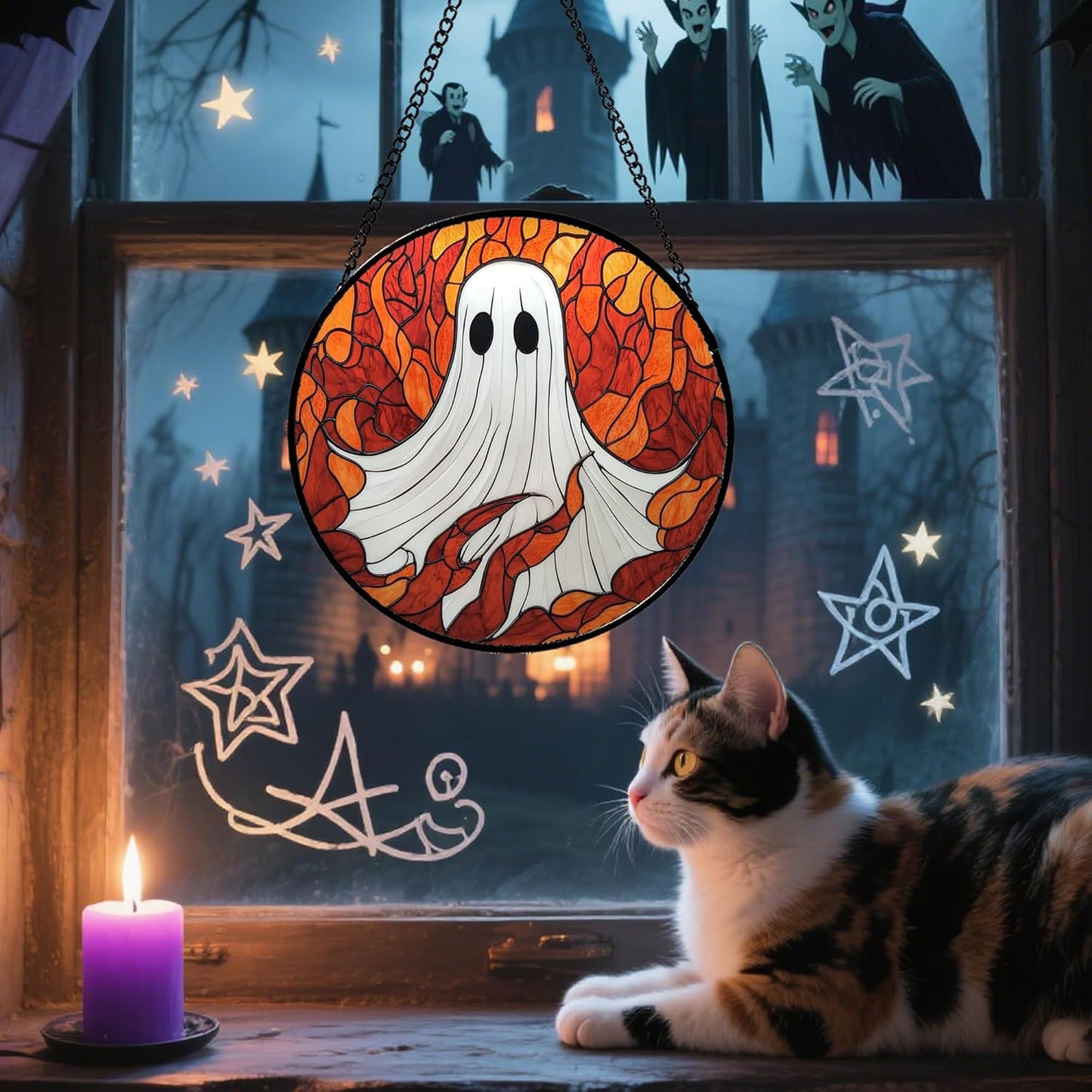 Stained Glass Window Hanging - Halloween Decorations White Ghost Orange Sky Suncatcher for Doors Garden Funny Spooky Sun Catchers Gothic Decor Horror Gifts for Women Men Friend Boy 6.3 in