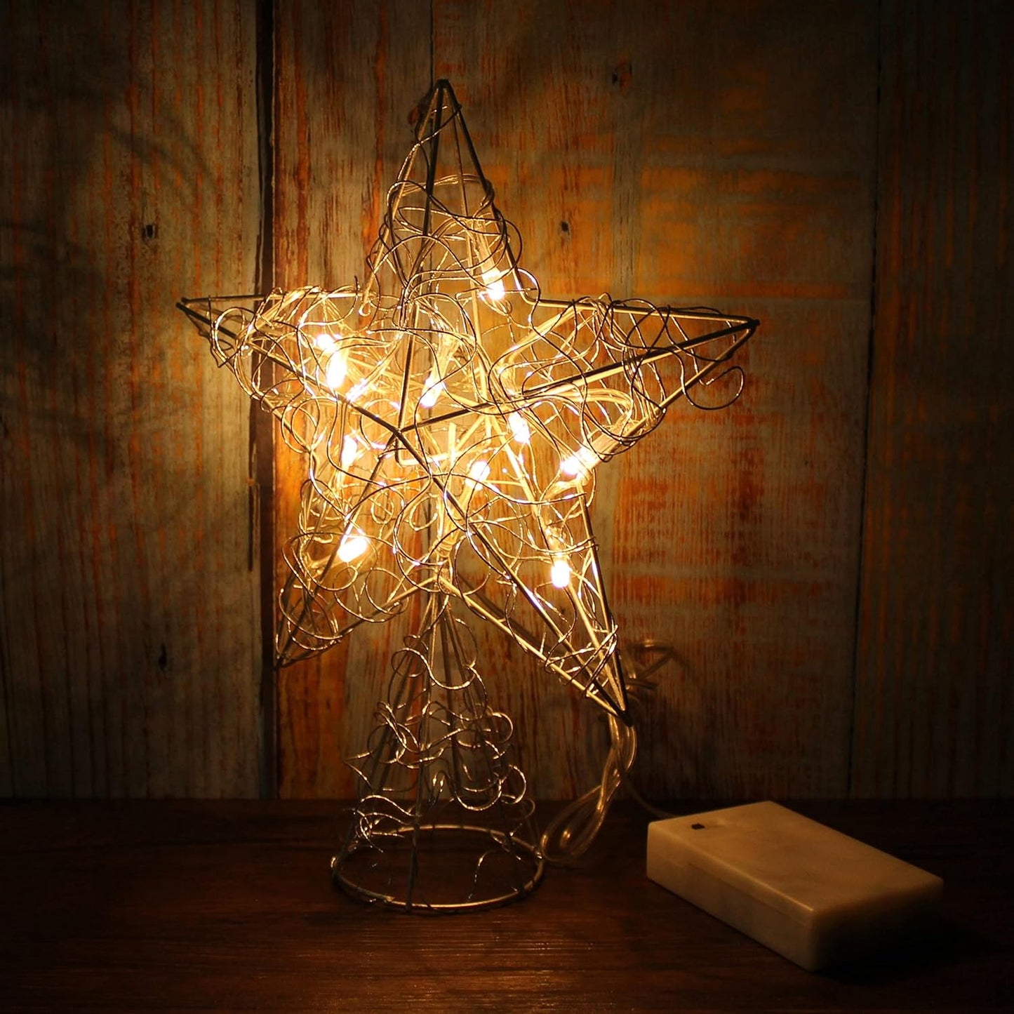 CVHOMEDECO. Silver Wire Twine Tree Top Star with Bright White LED Lights and Timer for Christmas Ornaments and Holiday Seasonal Décor, 8 x 10 Inch