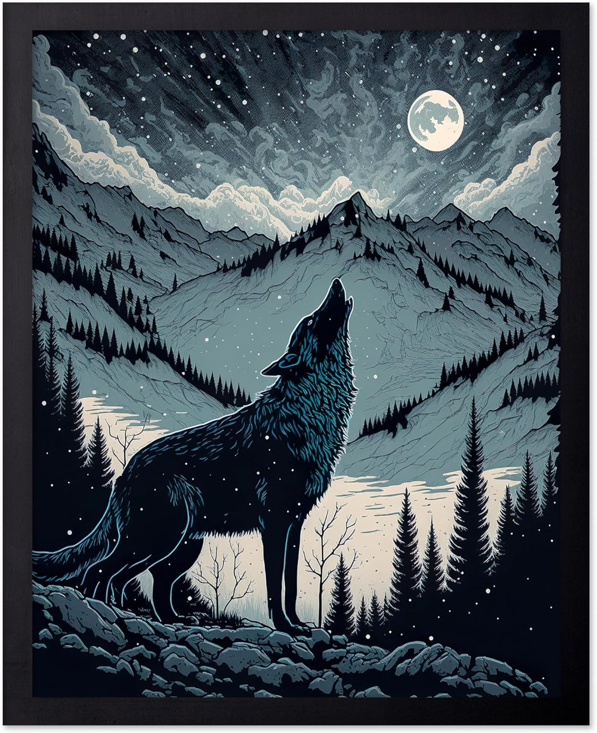 Poster Master Vintage Illustration Poster - Retro Animal Print - Gift for Artist, Friend - Wolf Howling at the Moon, Mountain, Snow, Landscape - Wall Decor for Home, Office, 11x14 Black Framed