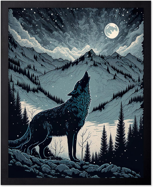 Poster Master Vintage Illustration Poster - Retro Animal Print - Gift for Artist, Friend - Wolf Howling at the Moon, Mountain, Snow, Landscape - Wall Decor for Home, Office, 11x14 Black Framed