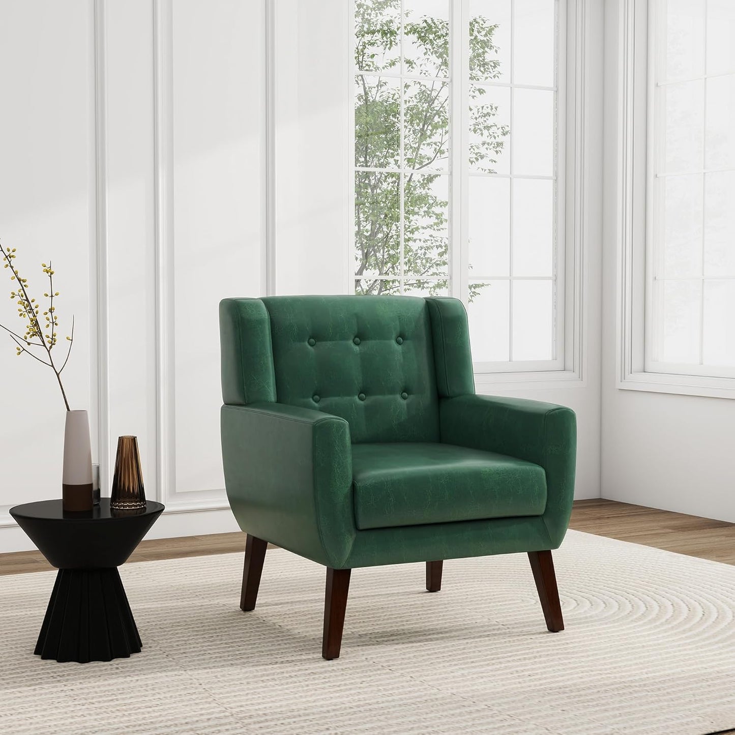 UIXE Faux Leather Accent Chair, Modern Arm Club Chair Upholstered Armchair for Living Room, Comfy Single Sofa Seats Button Tufted Reading Seating, Green