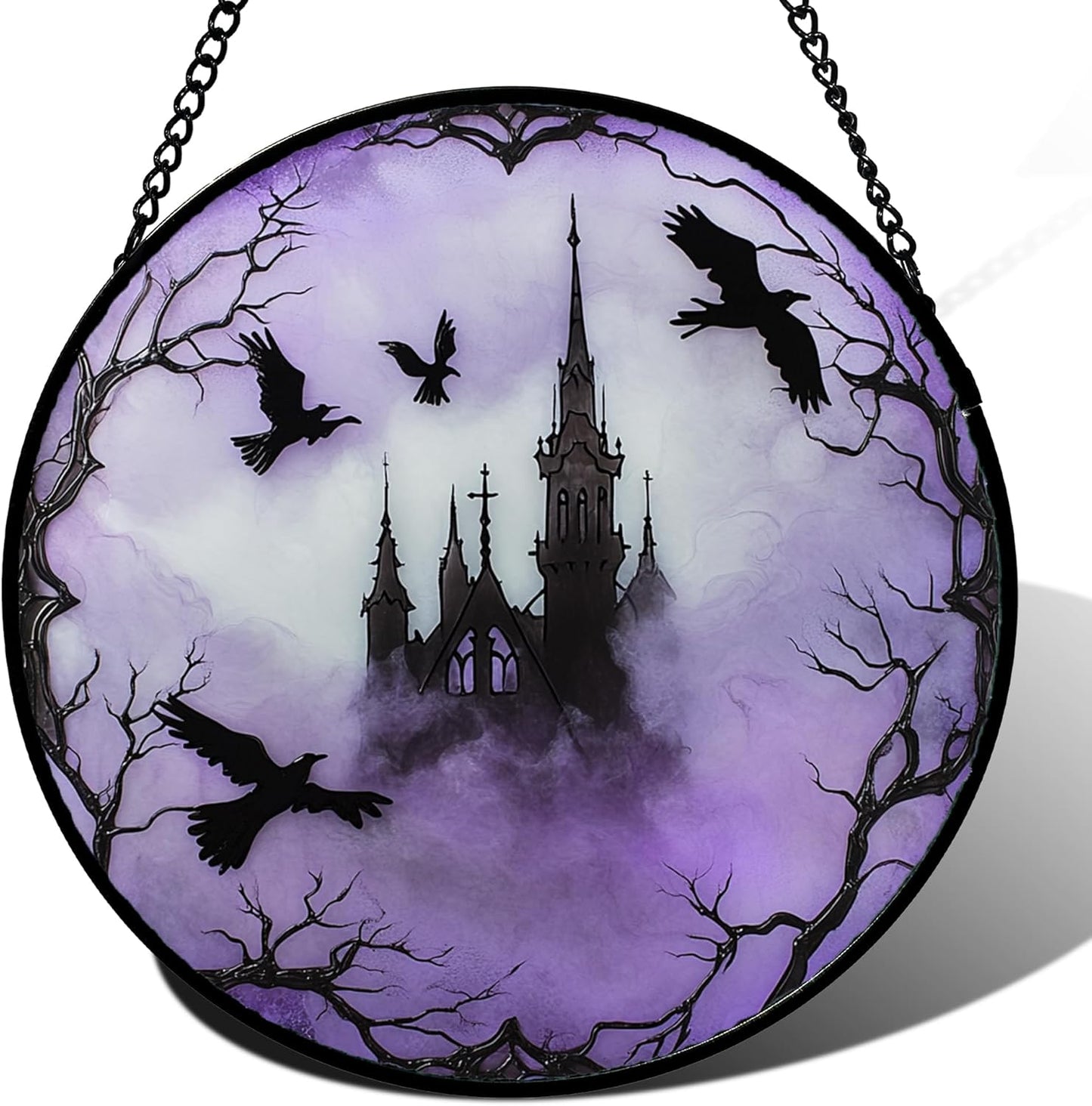 Stained Glass Window Hanging - Halloween Gothic Castle Purple Smoke Suncatcher for Doors Garden Home Spooky Crow Sun Catchers Gothic Decor Horror Gift for Women Men Friend Boy Girl 6.3 in