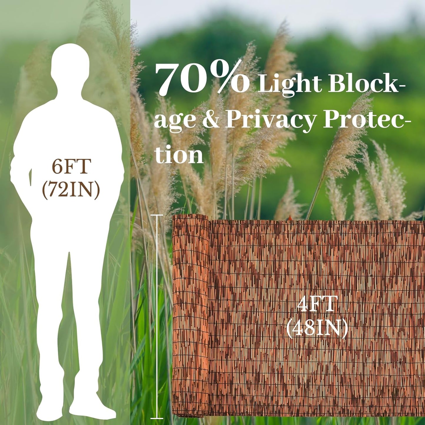 Brown 4FT X 16.4FT Reed Fencing Roll, Balcony Privacy Reed Shade Bamboo Fencing Garden Fence Border, Wind Block Sunshade Fence Screen for Outdoor Yard Patio Flower Bed Edge